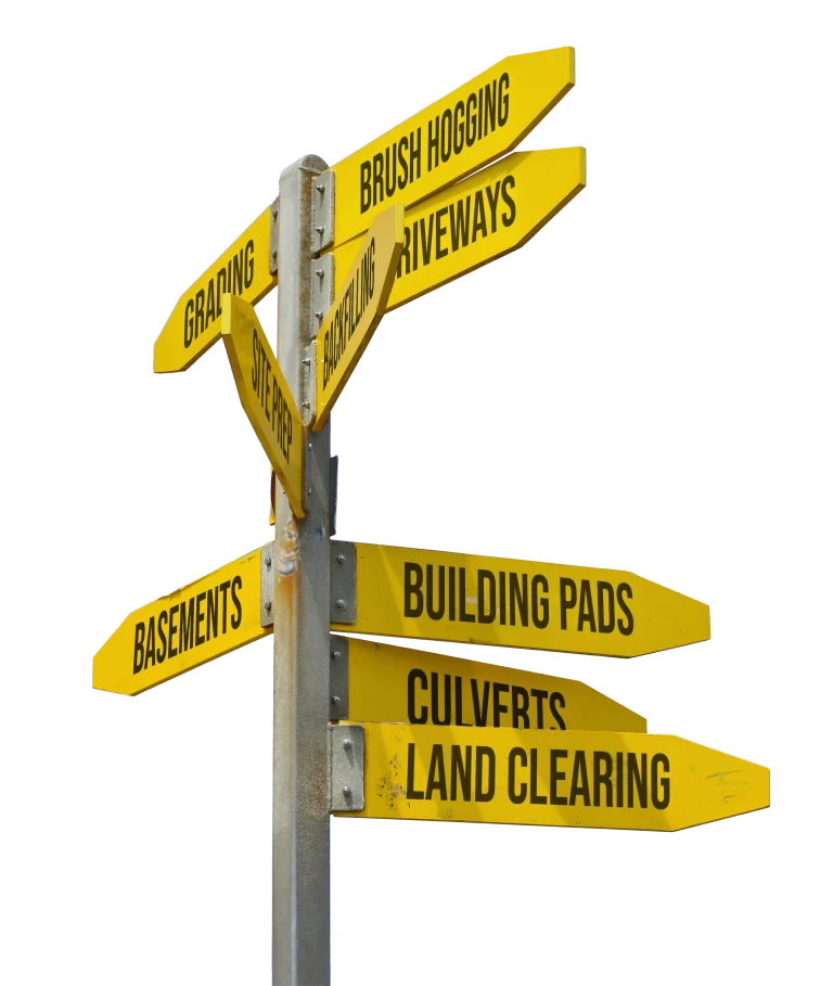 signpost listing all of hoover's bobcat services